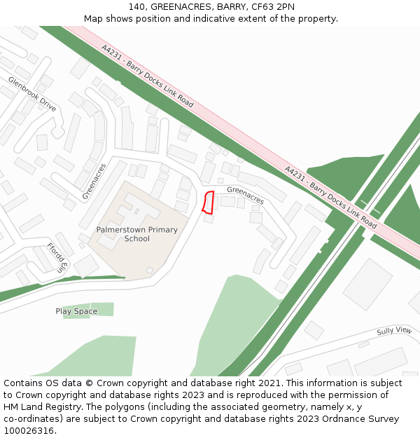 140, GREENACRES, BARRY, CF63 2PN: Location map and indicative extent of plot