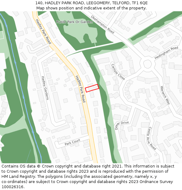 140, HADLEY PARK ROAD, LEEGOMERY, TELFORD, TF1 6QE: Location map and indicative extent of plot