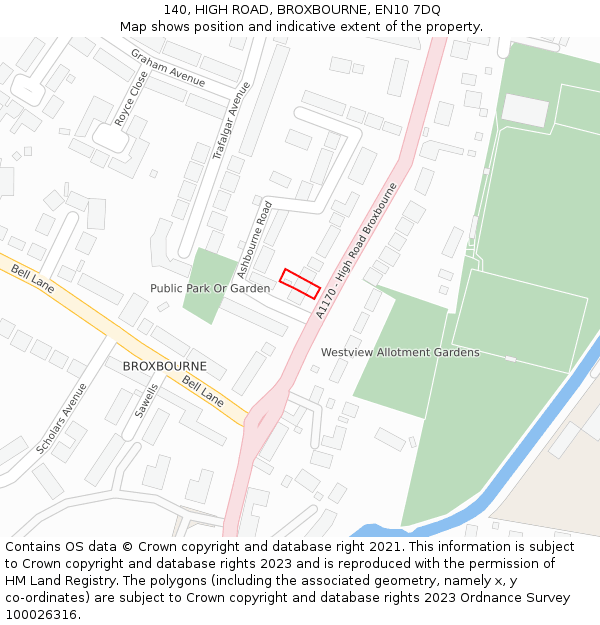 140, HIGH ROAD, BROXBOURNE, EN10 7DQ: Location map and indicative extent of plot