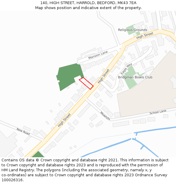 140, HIGH STREET, HARROLD, BEDFORD, MK43 7EA: Location map and indicative extent of plot