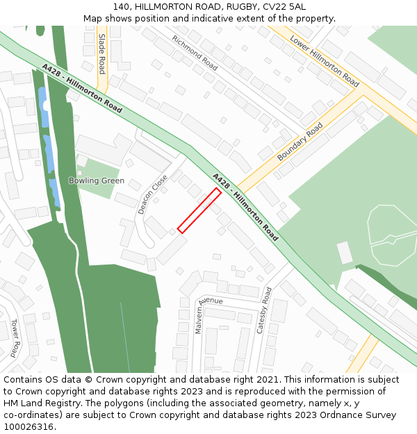 140, HILLMORTON ROAD, RUGBY, CV22 5AL: Location map and indicative extent of plot