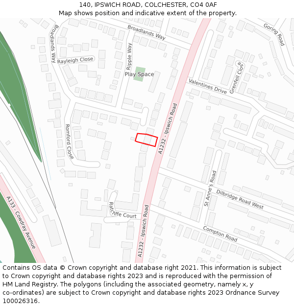 140, IPSWICH ROAD, COLCHESTER, CO4 0AF: Location map and indicative extent of plot