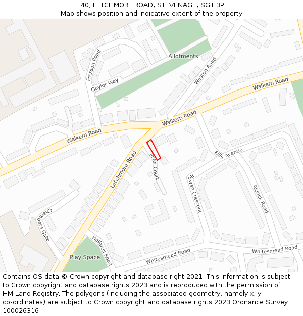 140, LETCHMORE ROAD, STEVENAGE, SG1 3PT: Location map and indicative extent of plot