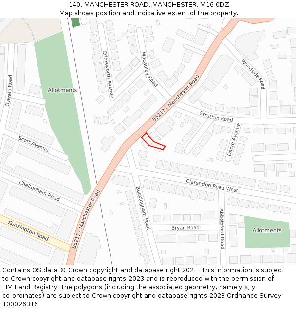 140, MANCHESTER ROAD, MANCHESTER, M16 0DZ: Location map and indicative extent of plot
