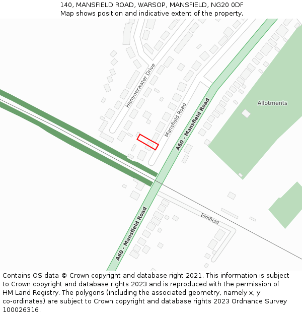 140, MANSFIELD ROAD, WARSOP, MANSFIELD, NG20 0DF: Location map and indicative extent of plot