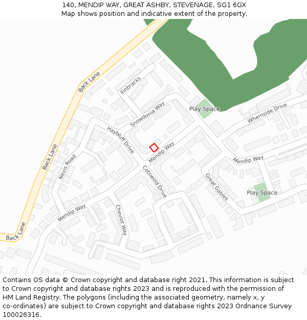 140, MENDIP WAY, GREAT ASHBY, STEVENAGE, SG1 6GX: Location map and indicative extent of plot