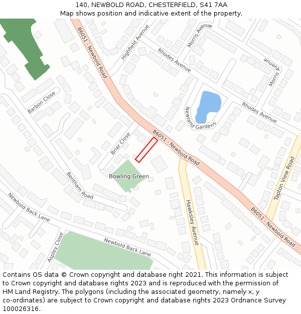 140, NEWBOLD ROAD, CHESTERFIELD, S41 7AA: Location map and indicative extent of plot