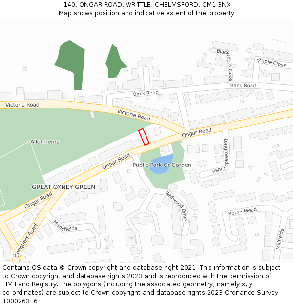 140, ONGAR ROAD, WRITTLE, CHELMSFORD, CM1 3NX: Location map and indicative extent of plot