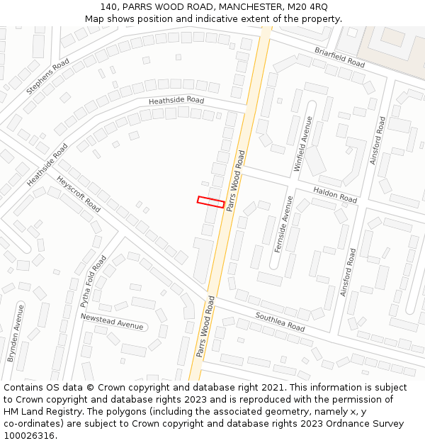 140, PARRS WOOD ROAD, MANCHESTER, M20 4RQ: Location map and indicative extent of plot