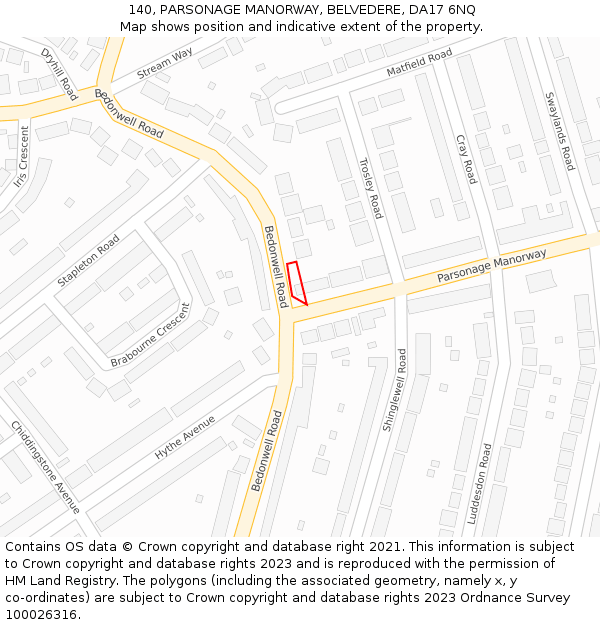 140, PARSONAGE MANORWAY, BELVEDERE, DA17 6NQ: Location map and indicative extent of plot