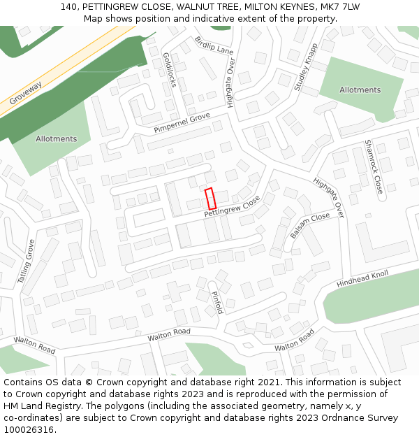 140, PETTINGREW CLOSE, WALNUT TREE, MILTON KEYNES, MK7 7LW: Location map and indicative extent of plot
