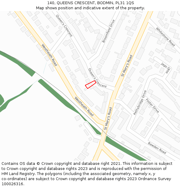 140, QUEENS CRESCENT, BODMIN, PL31 1QS: Location map and indicative extent of plot