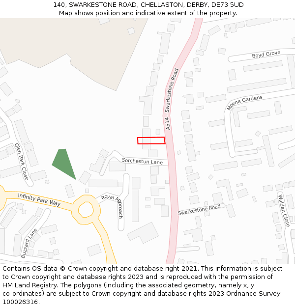 140, SWARKESTONE ROAD, CHELLASTON, DERBY, DE73 5UD: Location map and indicative extent of plot