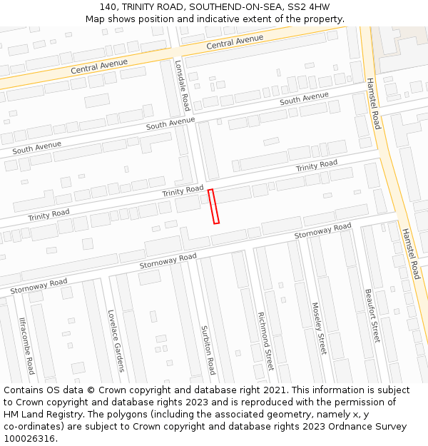 140, TRINITY ROAD, SOUTHEND-ON-SEA, SS2 4HW: Location map and indicative extent of plot