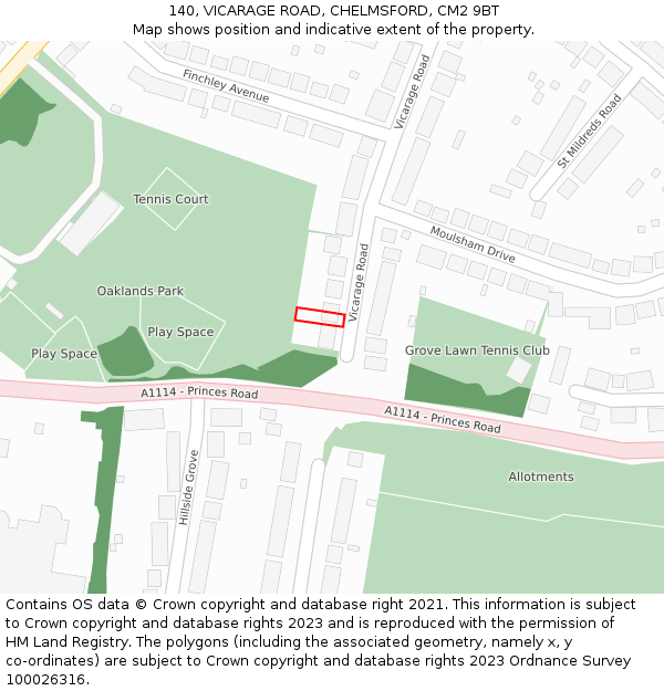 140, VICARAGE ROAD, CHELMSFORD, CM2 9BT: Location map and indicative extent of plot