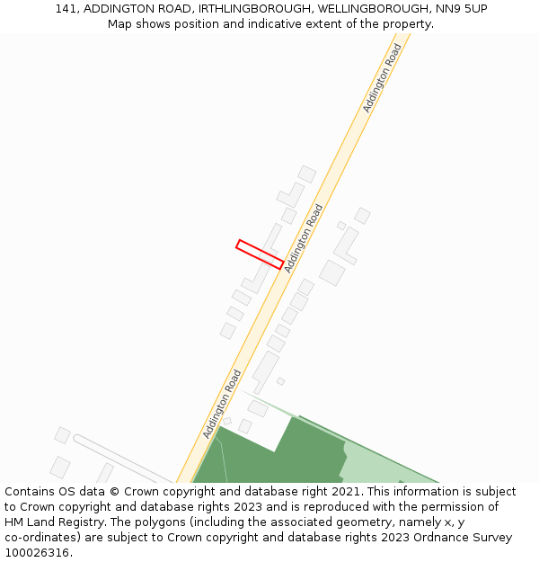 141, ADDINGTON ROAD, IRTHLINGBOROUGH, WELLINGBOROUGH, NN9 5UP: Location map and indicative extent of plot