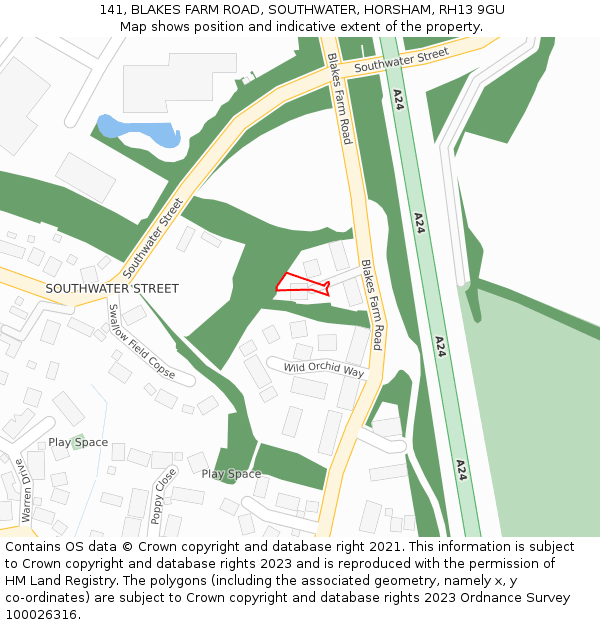 141, BLAKES FARM ROAD, SOUTHWATER, HORSHAM, RH13 9GU: Location map and indicative extent of plot