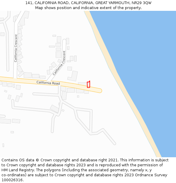 141, CALIFORNIA ROAD, CALIFORNIA, GREAT YARMOUTH, NR29 3QW: Location map and indicative extent of plot