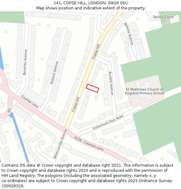 141, COPSE HILL, LONDON, SW20 0SU: Location map and indicative extent of plot