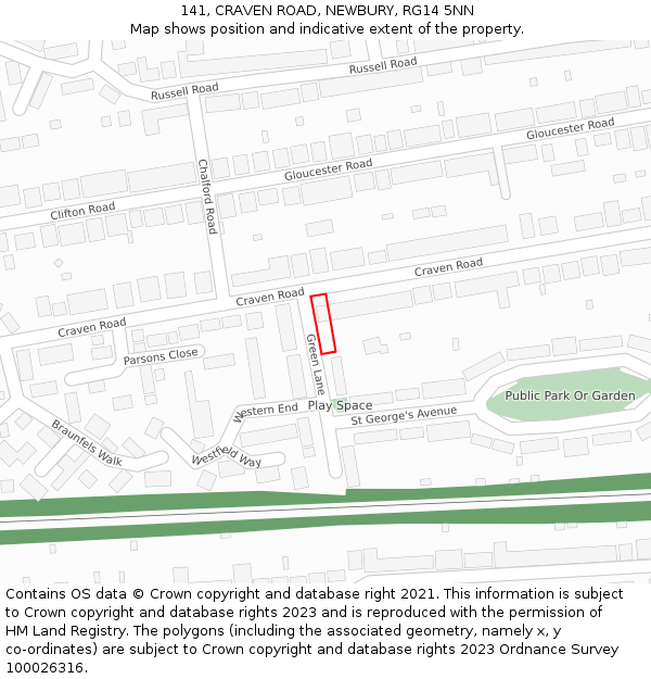 141, CRAVEN ROAD, NEWBURY, RG14 5NN: Location map and indicative extent of plot