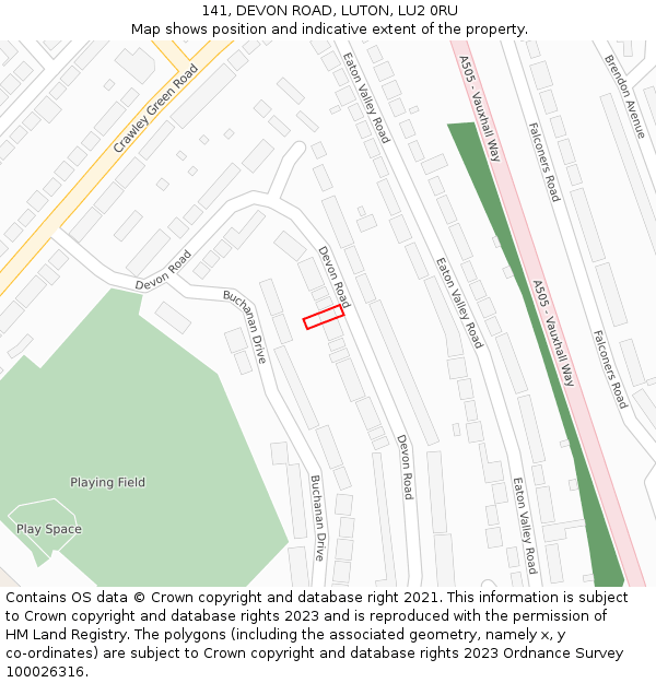 141, DEVON ROAD, LUTON, LU2 0RU: Location map and indicative extent of plot