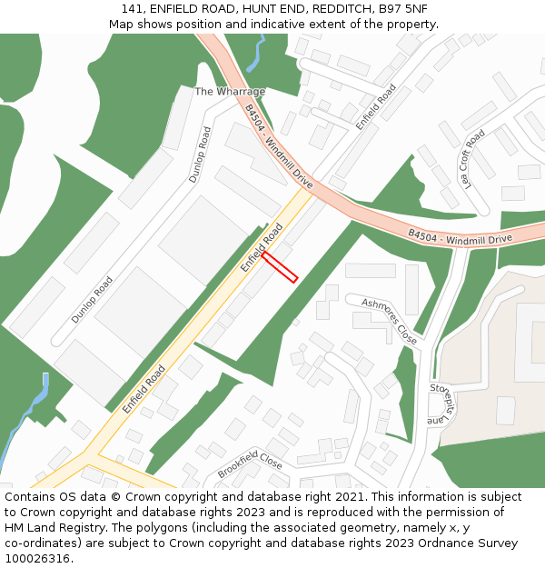 141, ENFIELD ROAD, HUNT END, REDDITCH, B97 5NF: Location map and indicative extent of plot