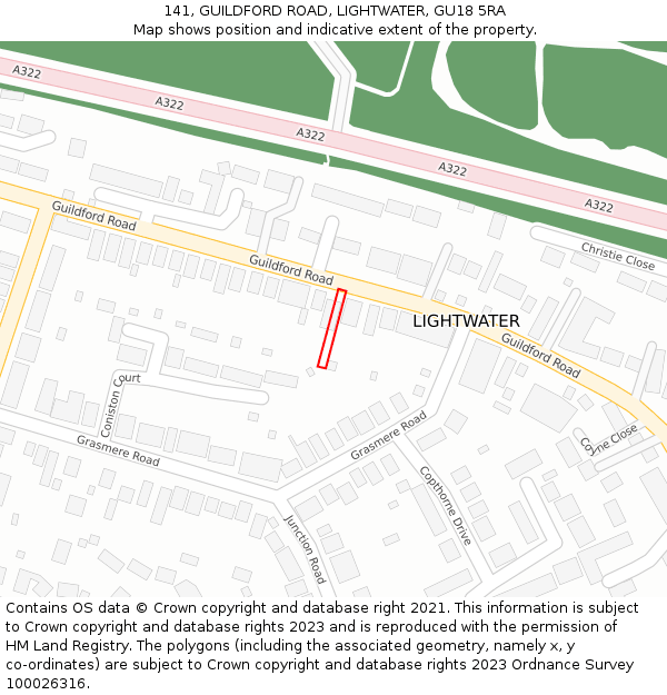 141, GUILDFORD ROAD, LIGHTWATER, GU18 5RA: Location map and indicative extent of plot