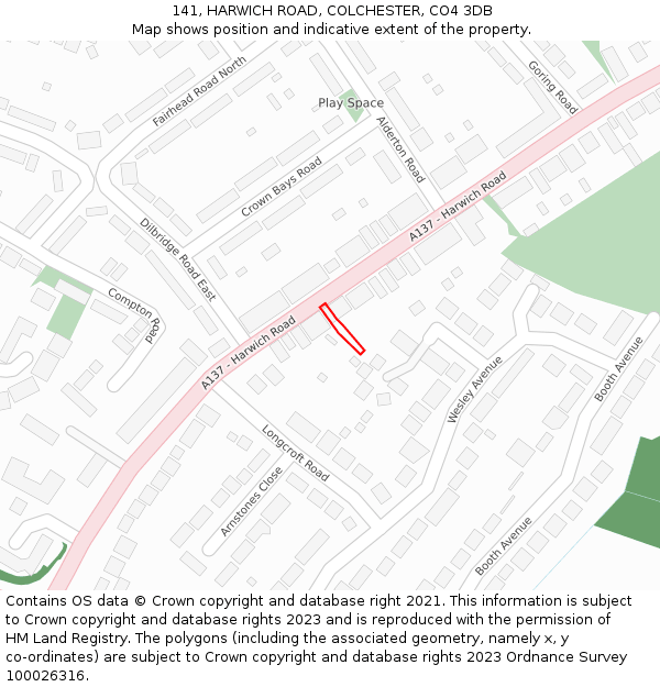 141, HARWICH ROAD, COLCHESTER, CO4 3DB: Location map and indicative extent of plot