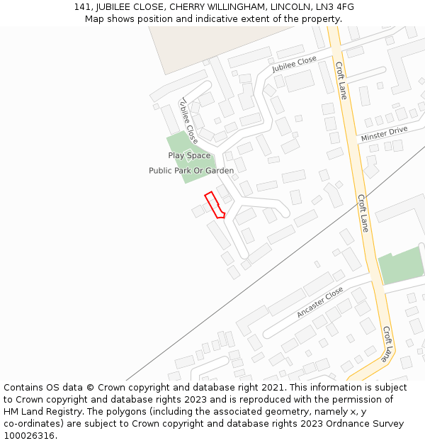 141, JUBILEE CLOSE, CHERRY WILLINGHAM, LINCOLN, LN3 4FG: Location map and indicative extent of plot