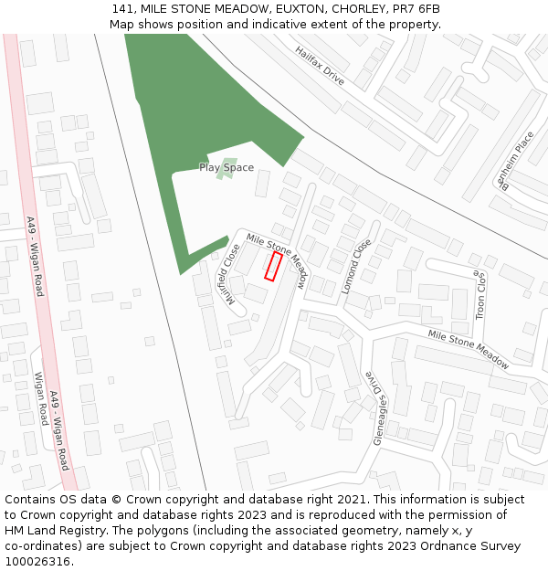 141, MILE STONE MEADOW, EUXTON, CHORLEY, PR7 6FB: Location map and indicative extent of plot