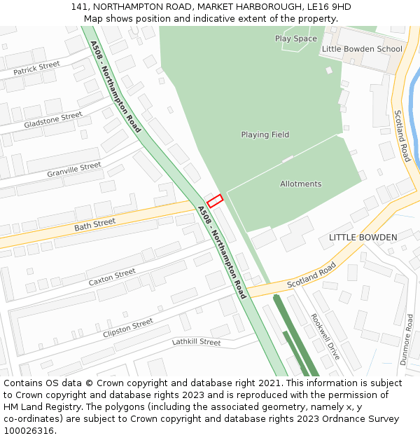 141, NORTHAMPTON ROAD, MARKET HARBOROUGH, LE16 9HD: Location map and indicative extent of plot