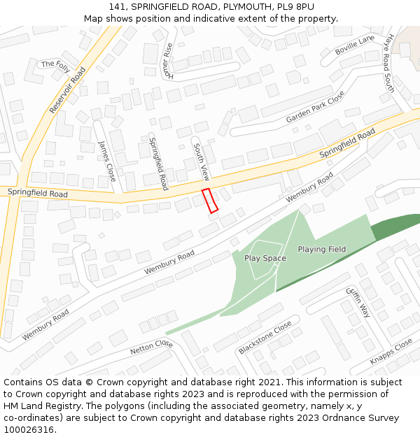 141, SPRINGFIELD ROAD, PLYMOUTH, PL9 8PU: Location map and indicative extent of plot