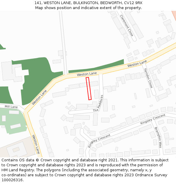 141, WESTON LANE, BULKINGTON, BEDWORTH, CV12 9RX: Location map and indicative extent of plot