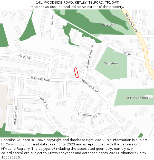 141, WOODSIDE ROAD, KETLEY, TELFORD, TF1 5WT: Location map and indicative extent of plot