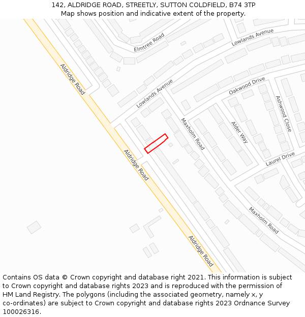 142, ALDRIDGE ROAD, STREETLY, SUTTON COLDFIELD, B74 3TP: Location map and indicative extent of plot