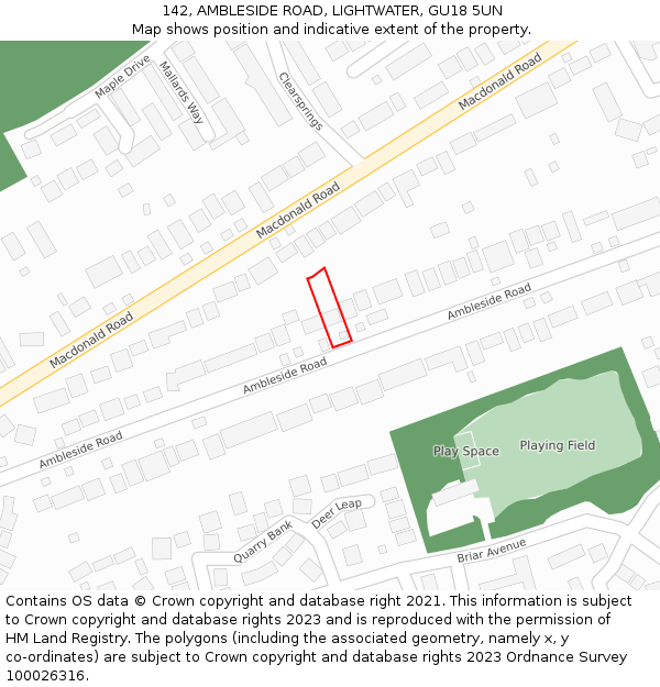 142, AMBLESIDE ROAD, LIGHTWATER, GU18 5UN: Location map and indicative extent of plot