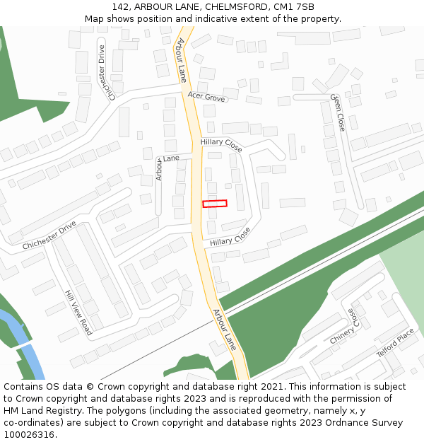 142, ARBOUR LANE, CHELMSFORD, CM1 7SB: Location map and indicative extent of plot