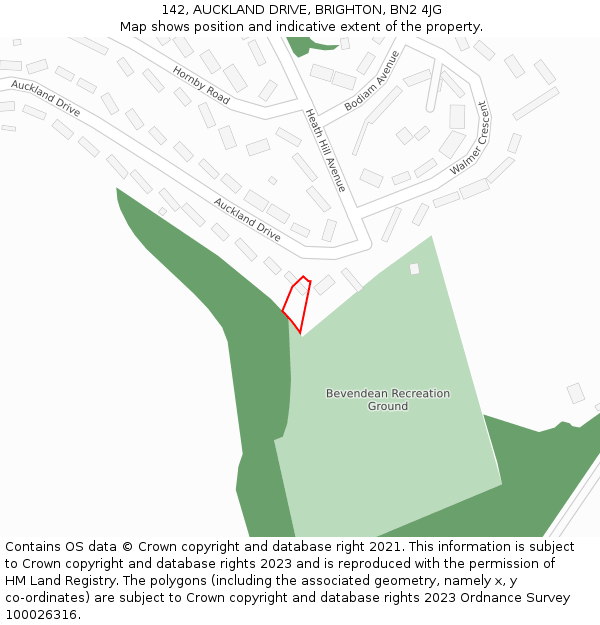 142, AUCKLAND DRIVE, BRIGHTON, BN2 4JG: Location map and indicative extent of plot