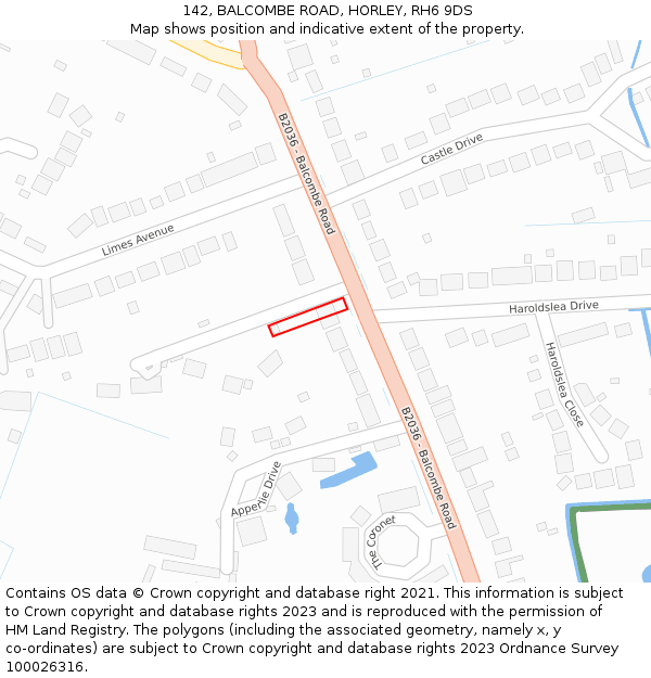 142, BALCOMBE ROAD, HORLEY, RH6 9DS: Location map and indicative extent of plot