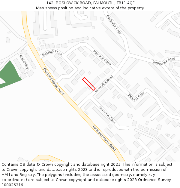 142, BOSLOWICK ROAD, FALMOUTH, TR11 4QF: Location map and indicative extent of plot