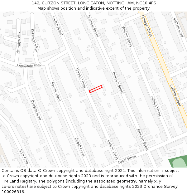 142, CURZON STREET, LONG EATON, NOTTINGHAM, NG10 4FS: Location map and indicative extent of plot