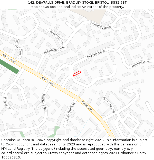 142, DEWFALLS DRIVE, BRADLEY STOKE, BRISTOL, BS32 9BT: Location map and indicative extent of plot