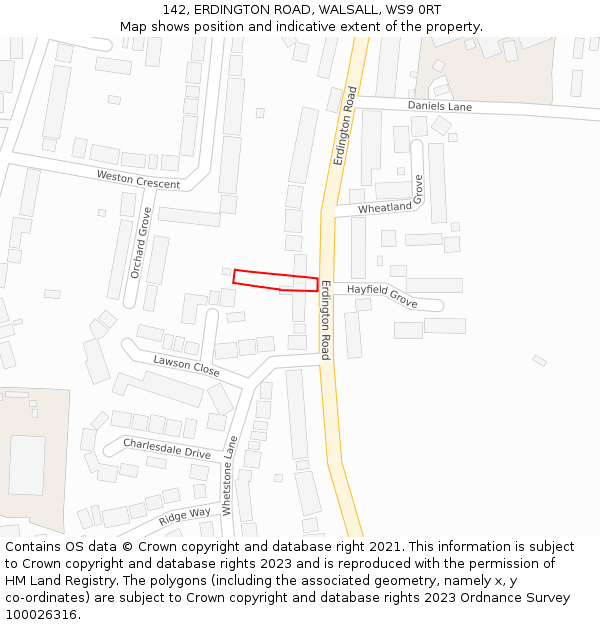 142, ERDINGTON ROAD, WALSALL, WS9 0RT: Location map and indicative extent of plot