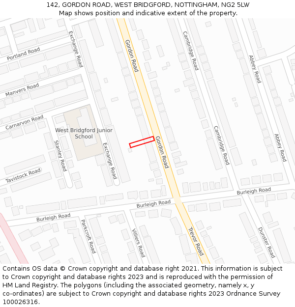 142, GORDON ROAD, WEST BRIDGFORD, NOTTINGHAM, NG2 5LW: Location map and indicative extent of plot