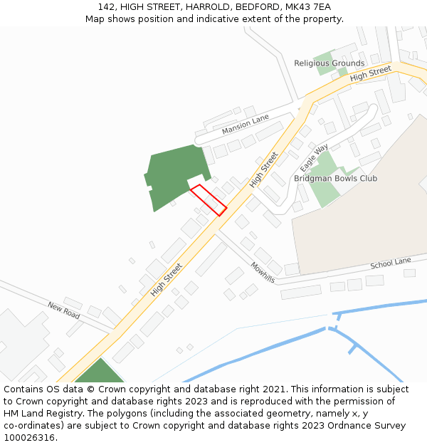 142, HIGH STREET, HARROLD, BEDFORD, MK43 7EA: Location map and indicative extent of plot