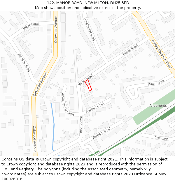 142, MANOR ROAD, NEW MILTON, BH25 5ED: Location map and indicative extent of plot