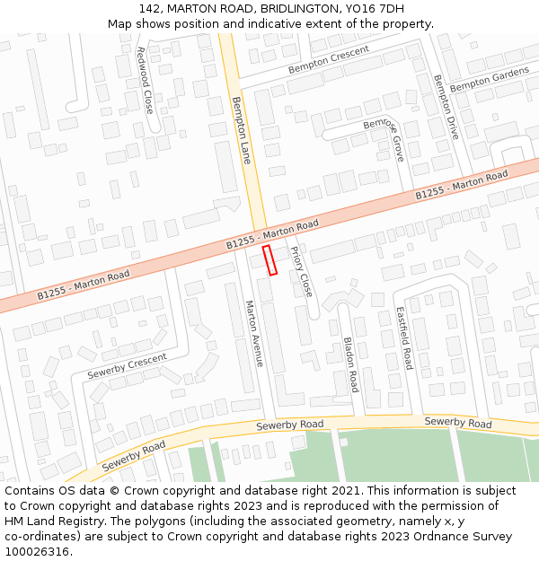 142, MARTON ROAD, BRIDLINGTON, YO16 7DH: Location map and indicative extent of plot