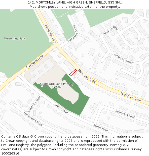 142, MORTOMLEY LANE, HIGH GREEN, SHEFFIELD, S35 3HU: Location map and indicative extent of plot