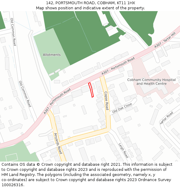 142, PORTSMOUTH ROAD, COBHAM, KT11 1HX: Location map and indicative extent of plot