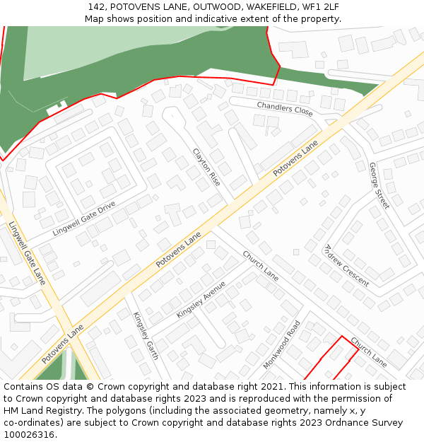142, POTOVENS LANE, OUTWOOD, WAKEFIELD, WF1 2LF: Location map and indicative extent of plot